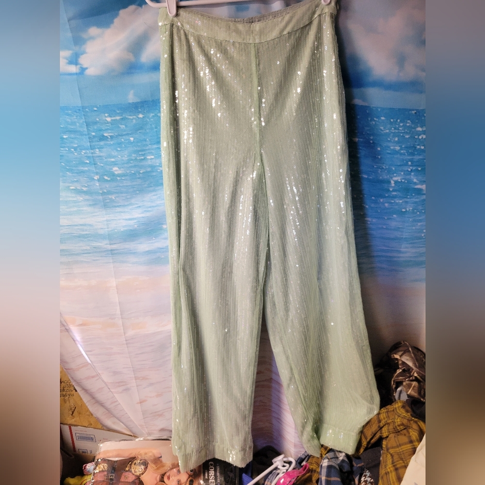 House Of Harlow 1960 NWOT Sage Green Sequin Wide Leg Pants‎ Ladies Size 6